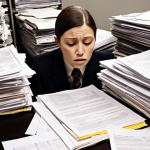 **

A person experiencing difficulties with government procedures. The image should evoke frustration and confusion, reflecting the challenges of dealing with administrative processes. The setting could be an office with piles of paperwork.

**