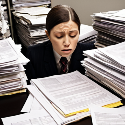 Home 11 **
A person experiencing difficulties with government procedures. The image should evoke frustration and confusion, reflecting the challenges of dealing with administrative processes. The setting could be an office with piles of paperwork.
**
