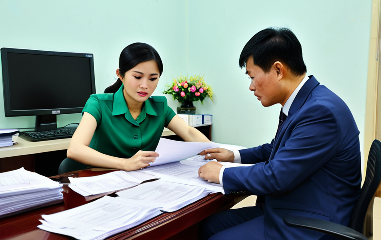 Office Paperwork Assistance**

"A Vietnamese citizen, fully clothed in appropriate office attire, is sitting at a desk overwhelmed by official documents. A friendly government employee in professional dress is helping them navigate the paperwork, providing guidance. The scene is set in a bright, modern government office in Hanoi. Safe for work, appropriate content, modest clothing, professional, perfect anatomy, correct proportions, natural pose, high quality."

**